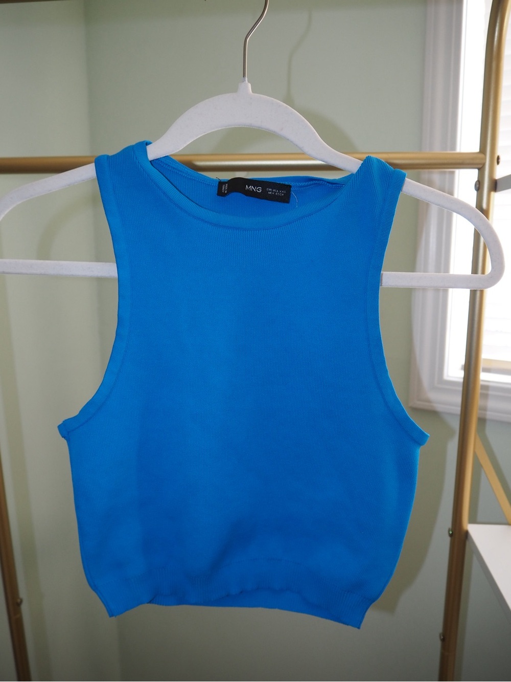 Mango MNG Electric Cobalt Blue High Neck Seamless Ribbed Knit Crop Tank - S